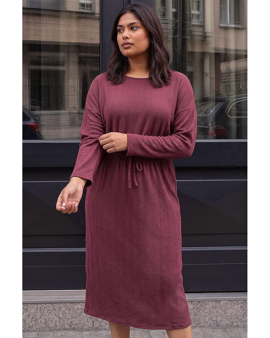 Roman Red Curve Tie Waist Texture Dress
