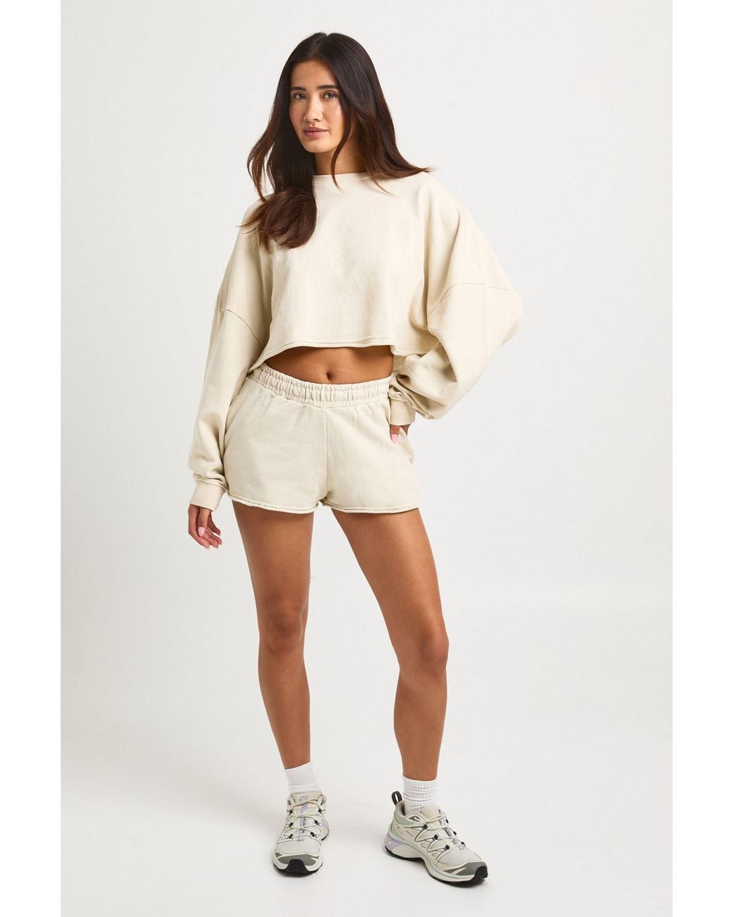 Boohoo Natural Washed Distressed Hem Boxy Crop Sweatshirt Short Tracksuit