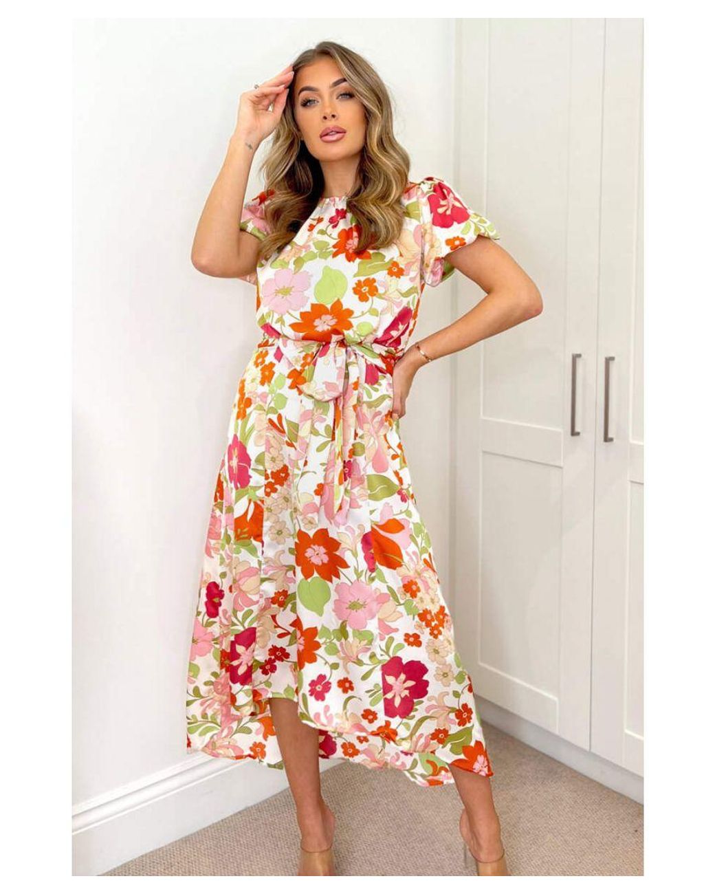 AX Paris Red Floral Printed Puff Sleeve Tie Waist Midi Dress