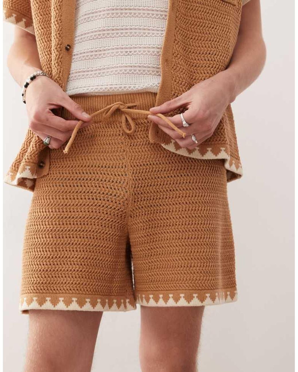 Reclaimed Vintage Brown Short Sleeve Boxy Crochet Shirt