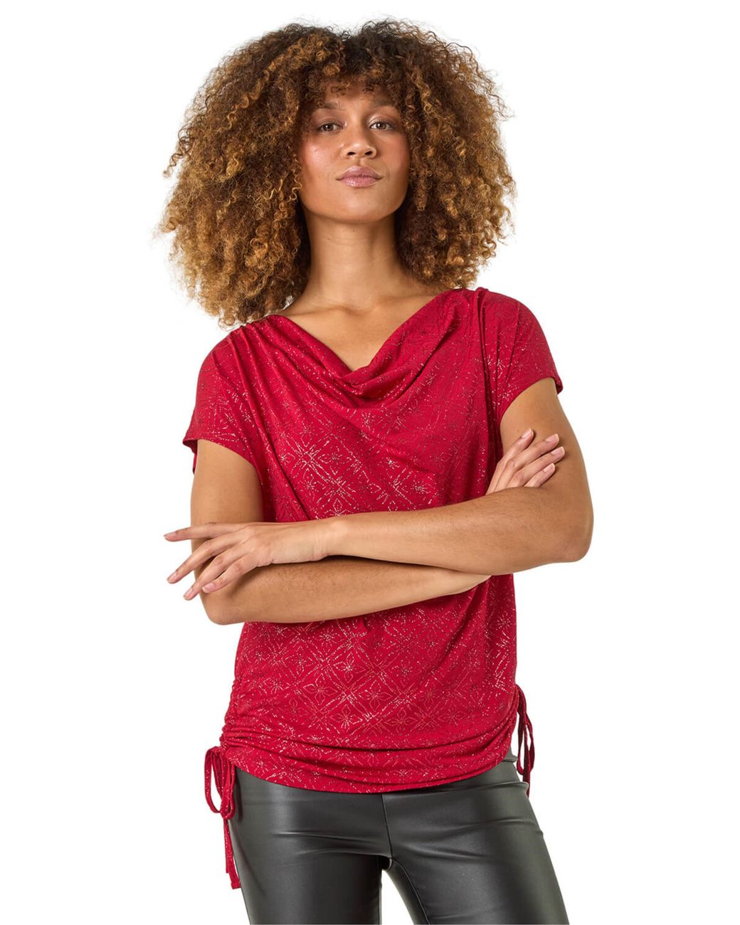 Roman Red Sparkle Cowl Neck Tie Side Top