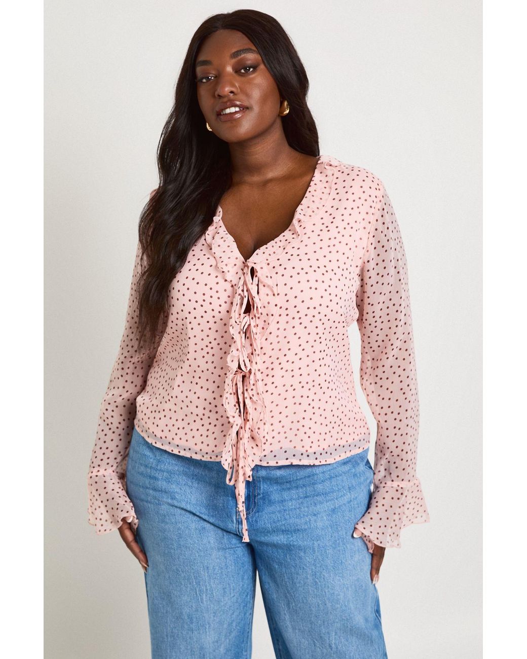 Boohoo Blue Plus Polka Dot Chiffon Ruffle Blouse