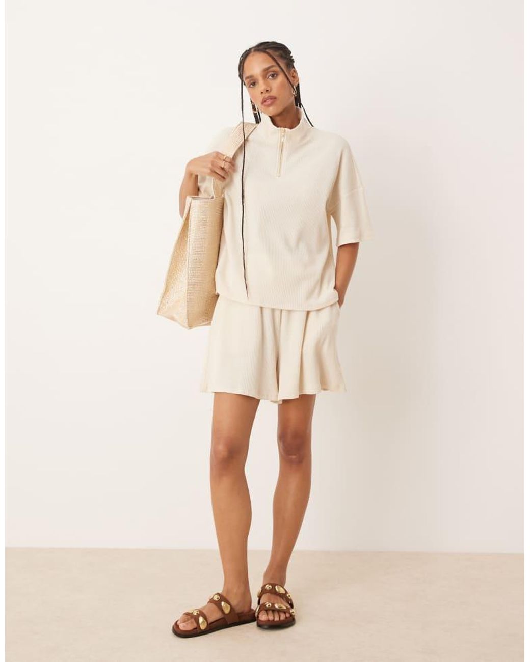 Vila Natural Boxy 1/4 Zip Waffle Top Co-Ord With Faux Pearl Zip Detail