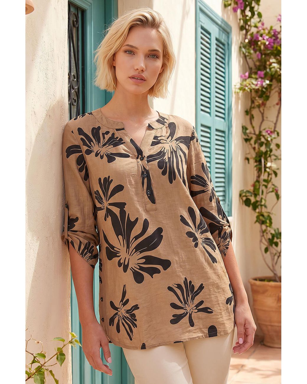 Roman Brown Floral V-Neck Top