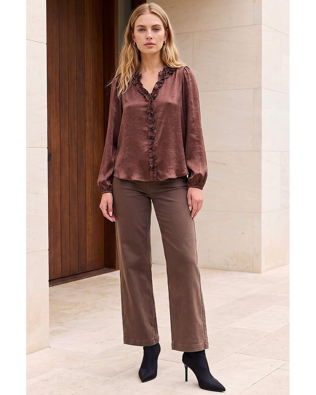 Roman Brown Crinkle Satin Frill V-Neck Top