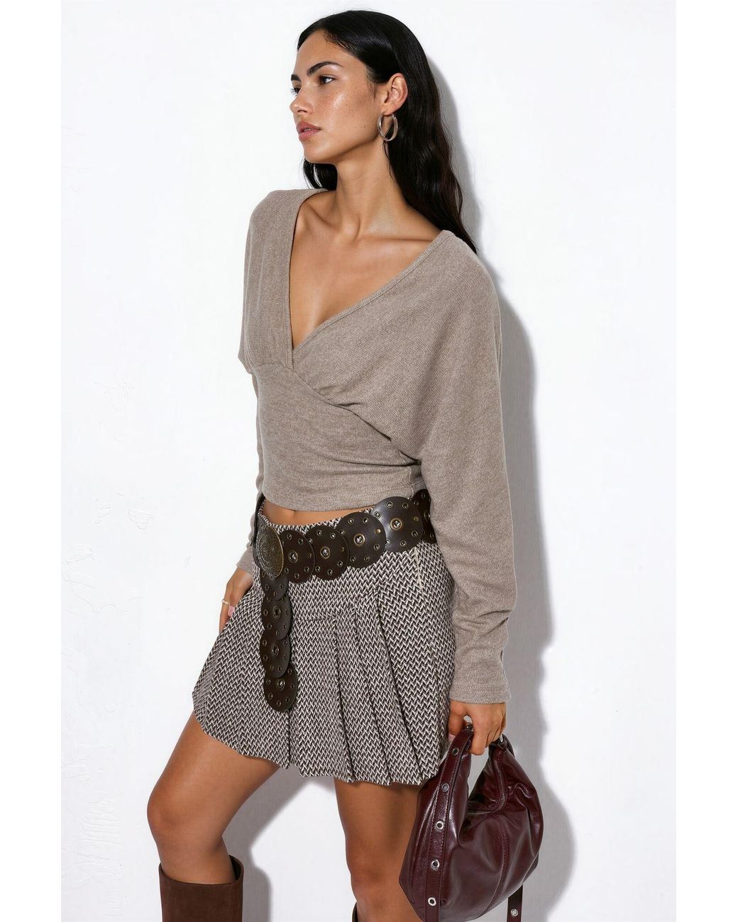 Busem Brown V-Neck Crop Knit Wrap Top