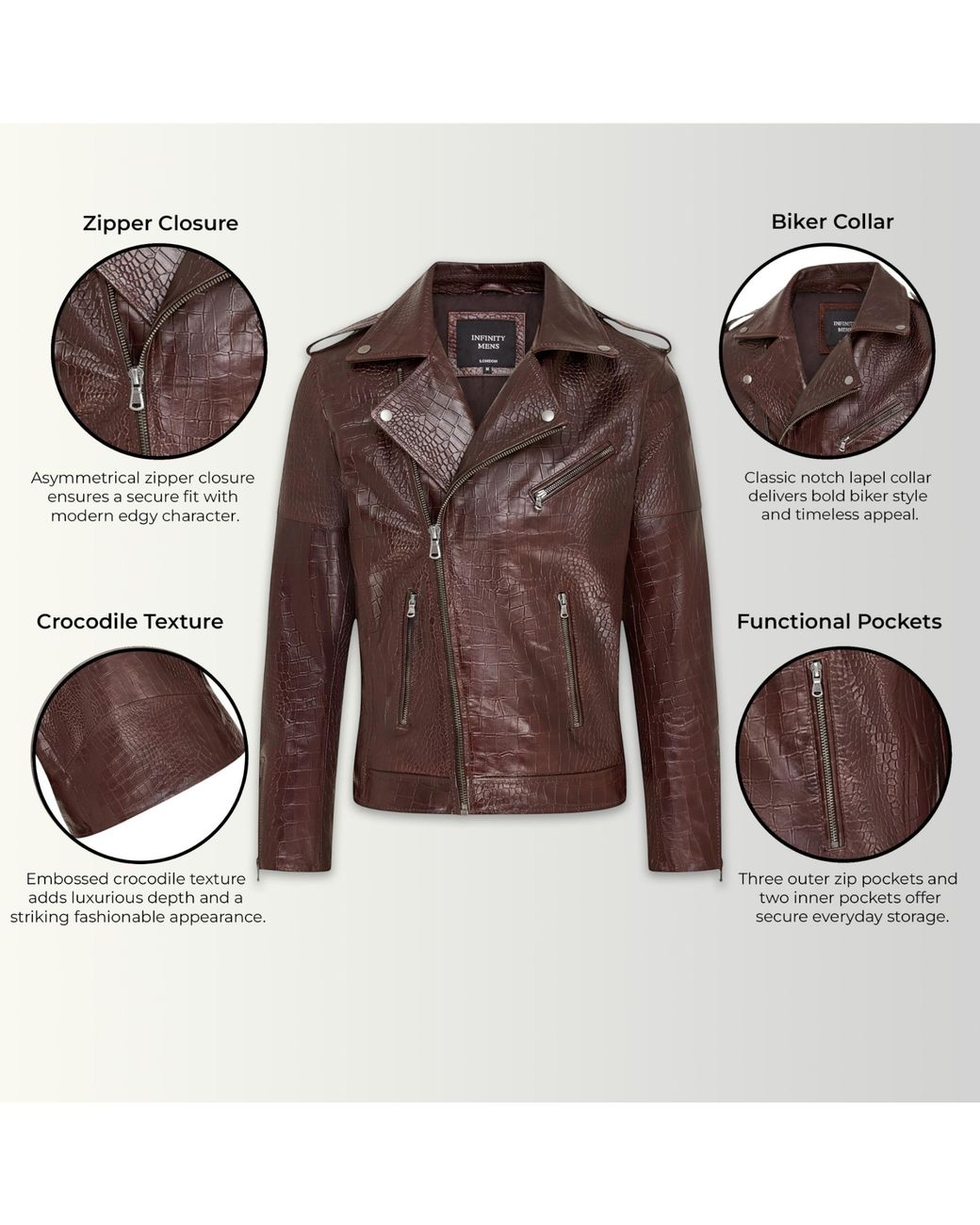 Infinity Leather Brown Cow Alligator Print Embossed Biker Jacket for men