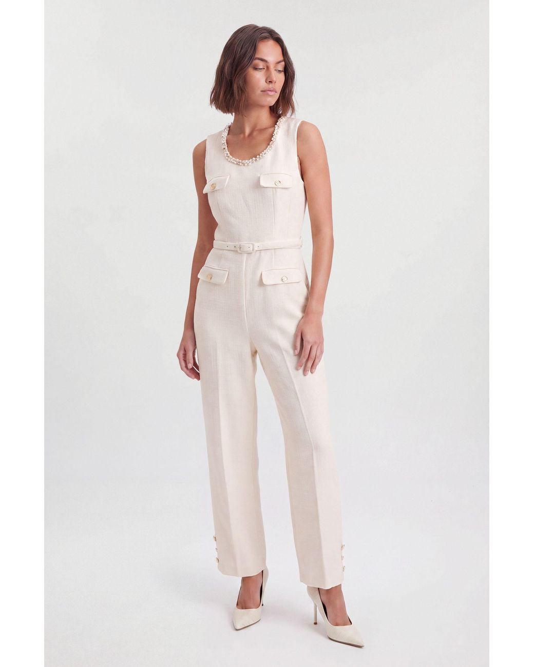 Karen Millen Natural Tweed Embellished Trim Tailored Wide Leg Jumpsuit