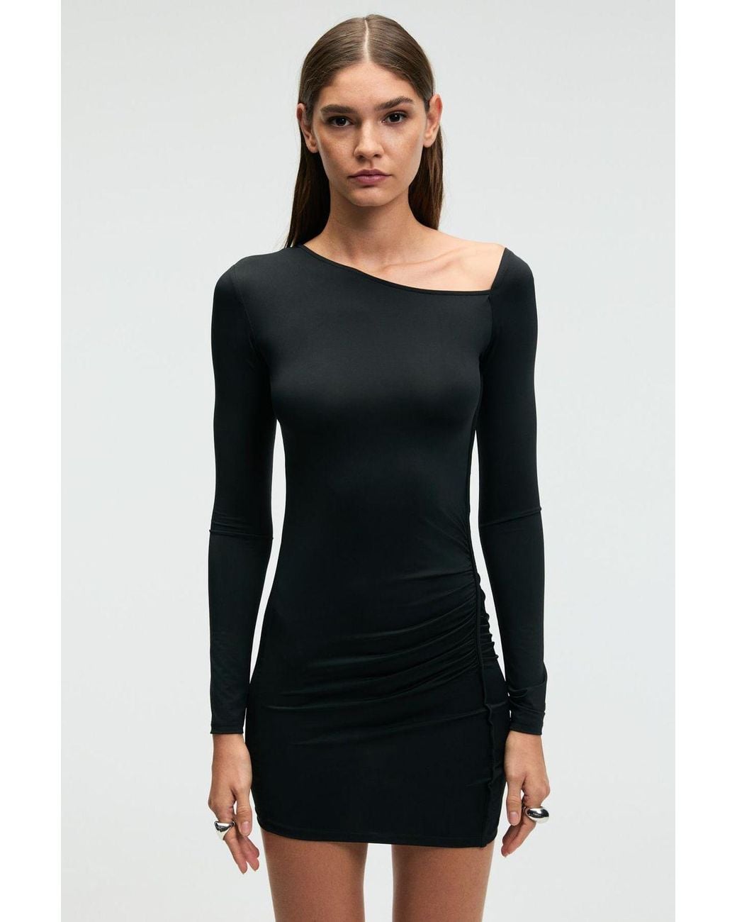 Grimelange Black Asymmetrical Collar Bodycon Mini Dress