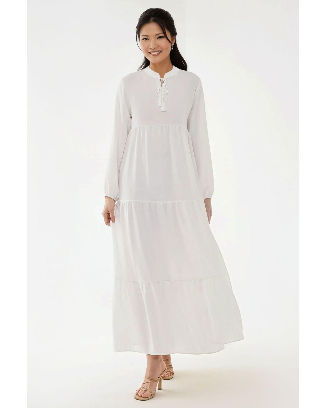 Hiccup White Textured Crew Neck Maxi Dress With Buttons