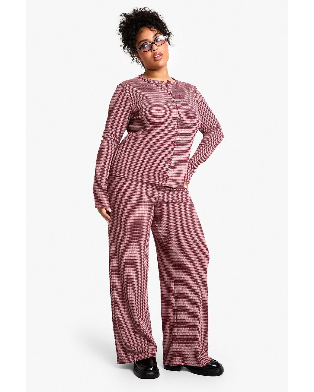 Boohoo Red Plus Rib Tie Waist Stripe Pants