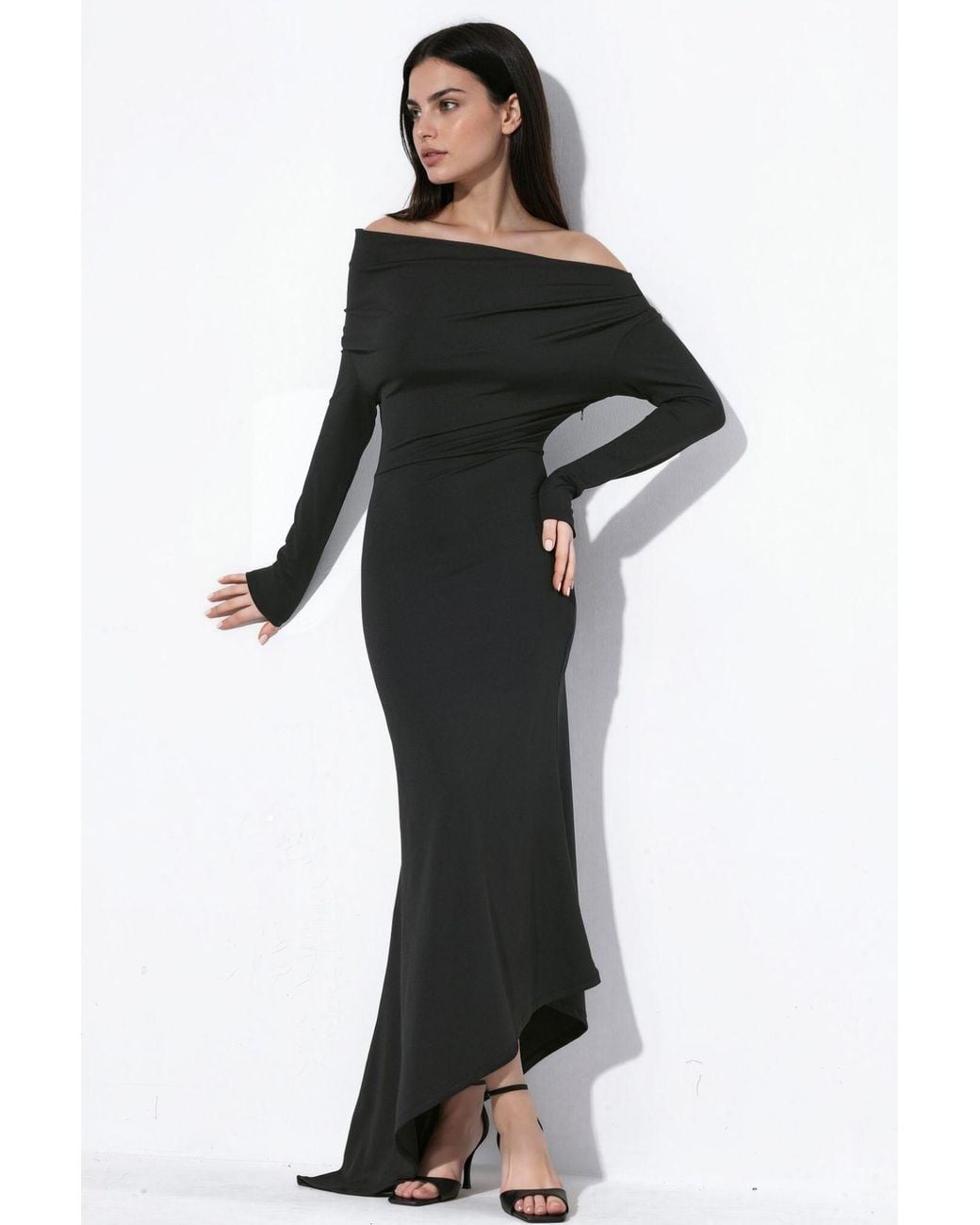Hiccup Black Boat Neck Asymmetric Bodycon Maxi Dress