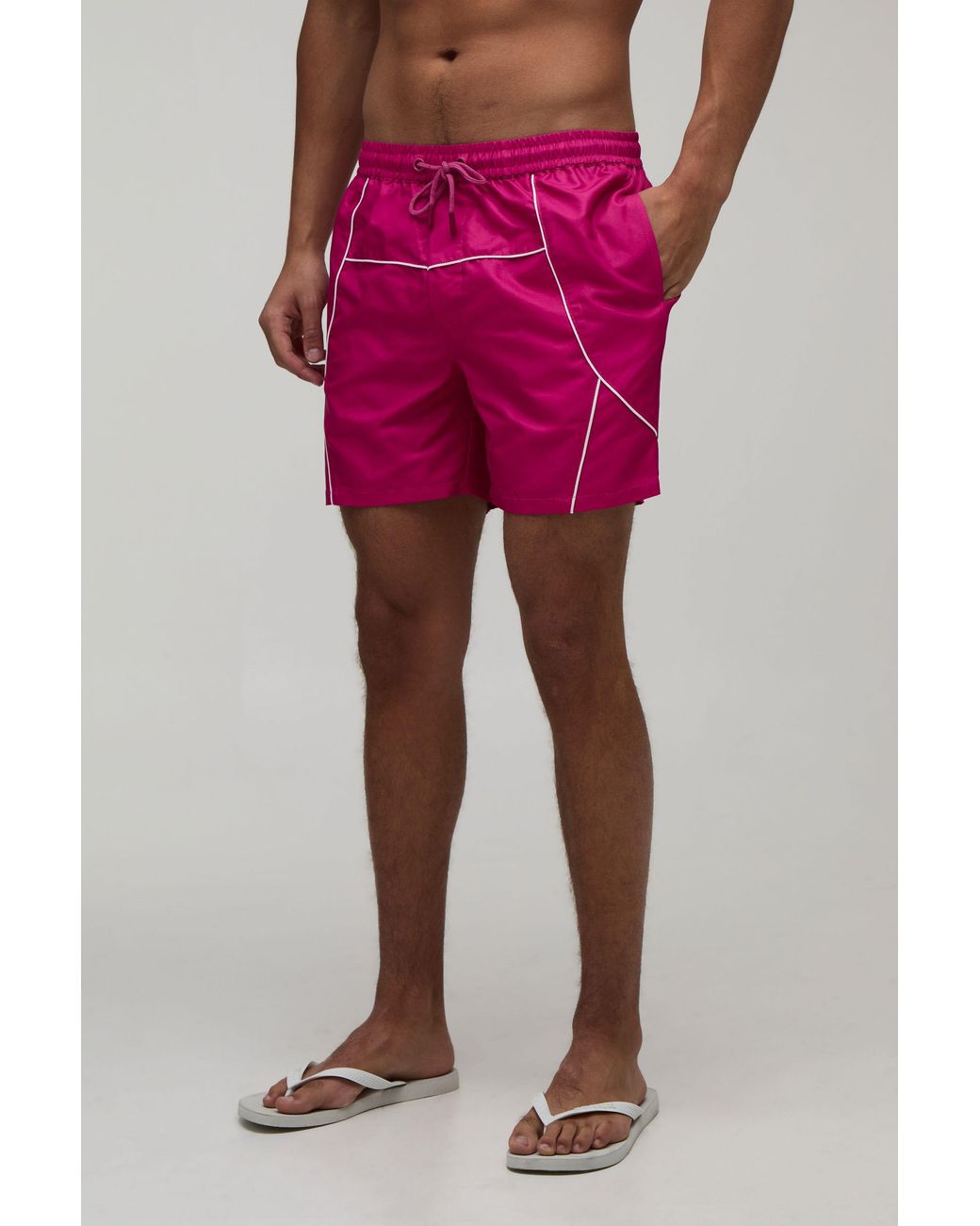 BoohooMAN Pink Piping Mid Length Swim Short for men