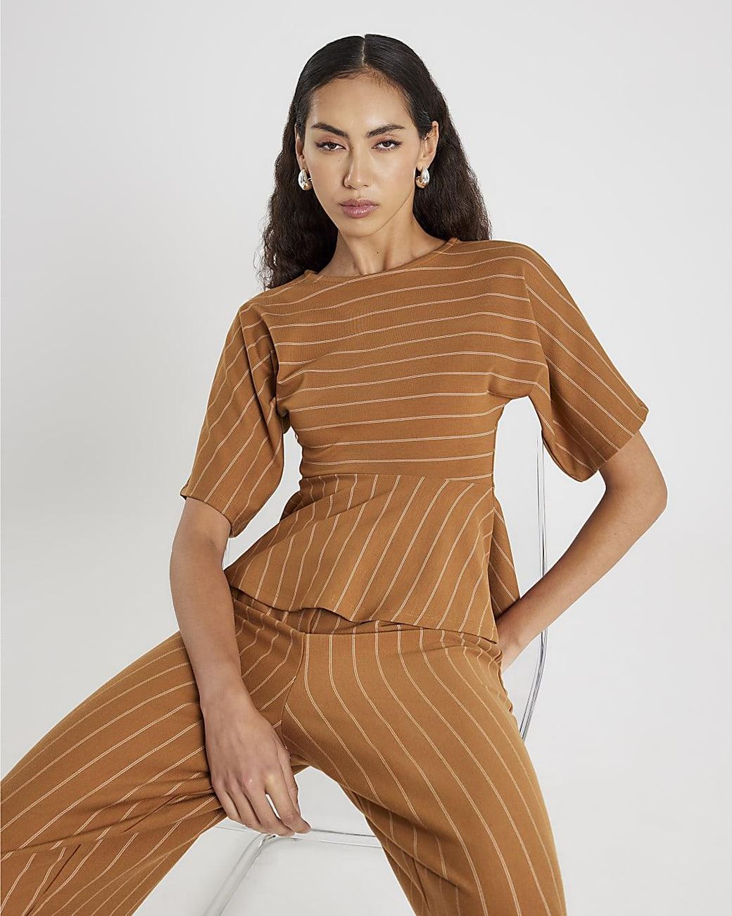 River Island Brown Top Pinstripe Peplum Hem