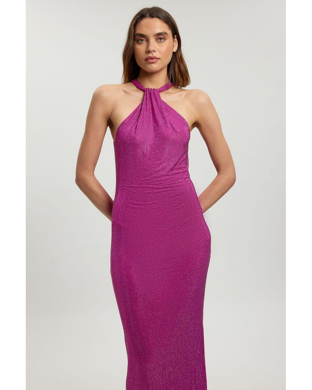 Karen Millen Pink Petite Crystal Embellished Tie Detail Halter Neck Maxi Dress