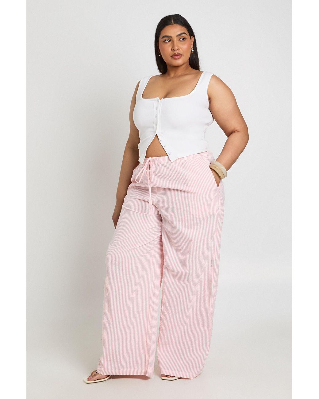 Boohoo Pink Plus Stripe Drawstring Wide Leg Trouser