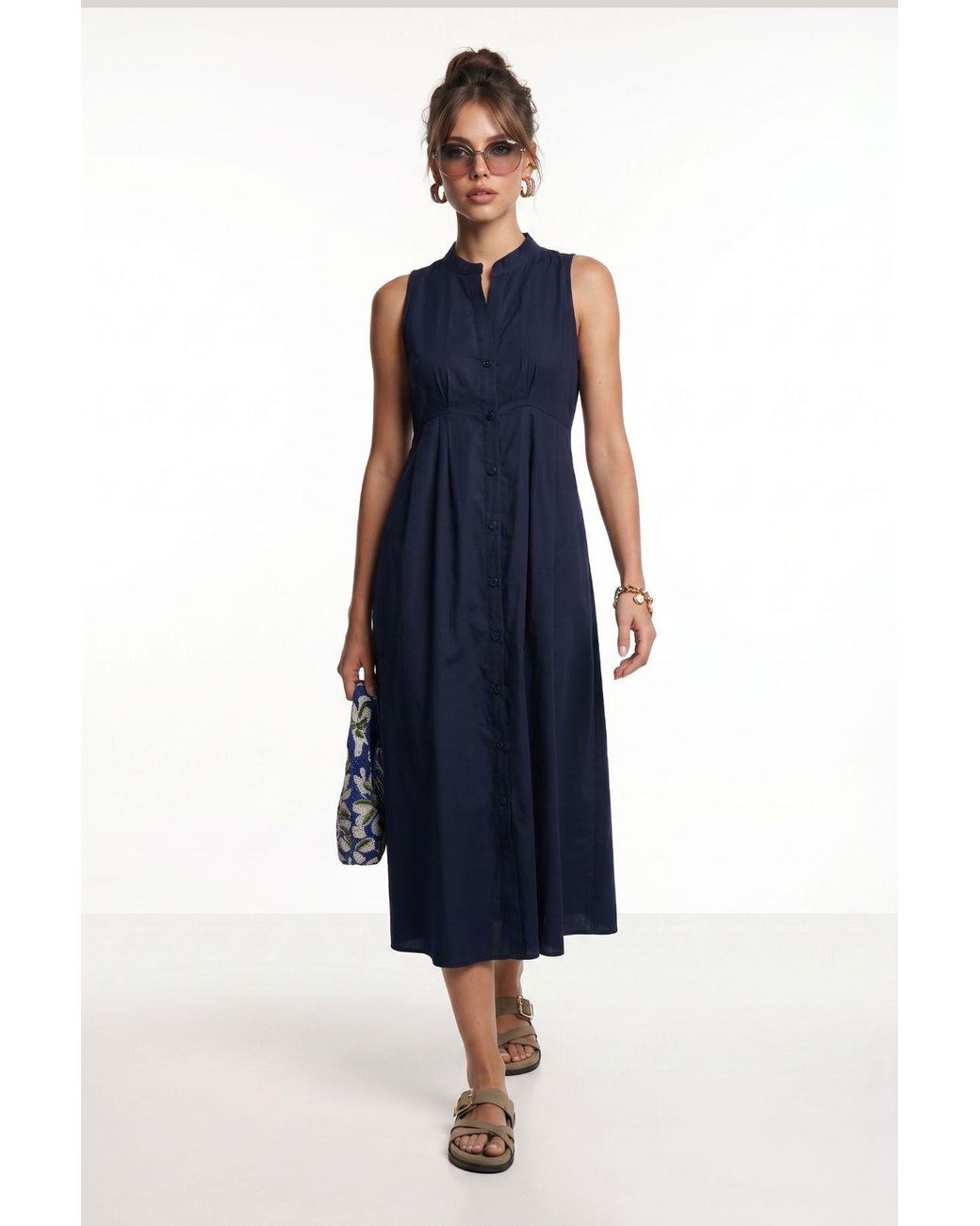 Happiness İstanbul Blue Mandarin Collar Sleeveless A-Line Midi Dress