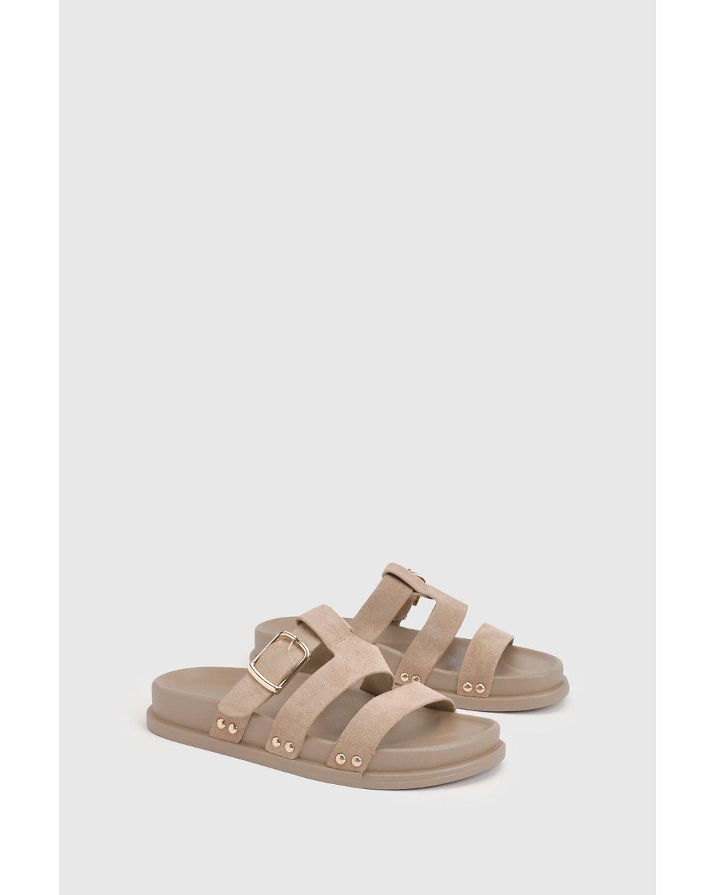 Boohoo Gray Faux Suede Double Strap Cut Out Footbed Sliders