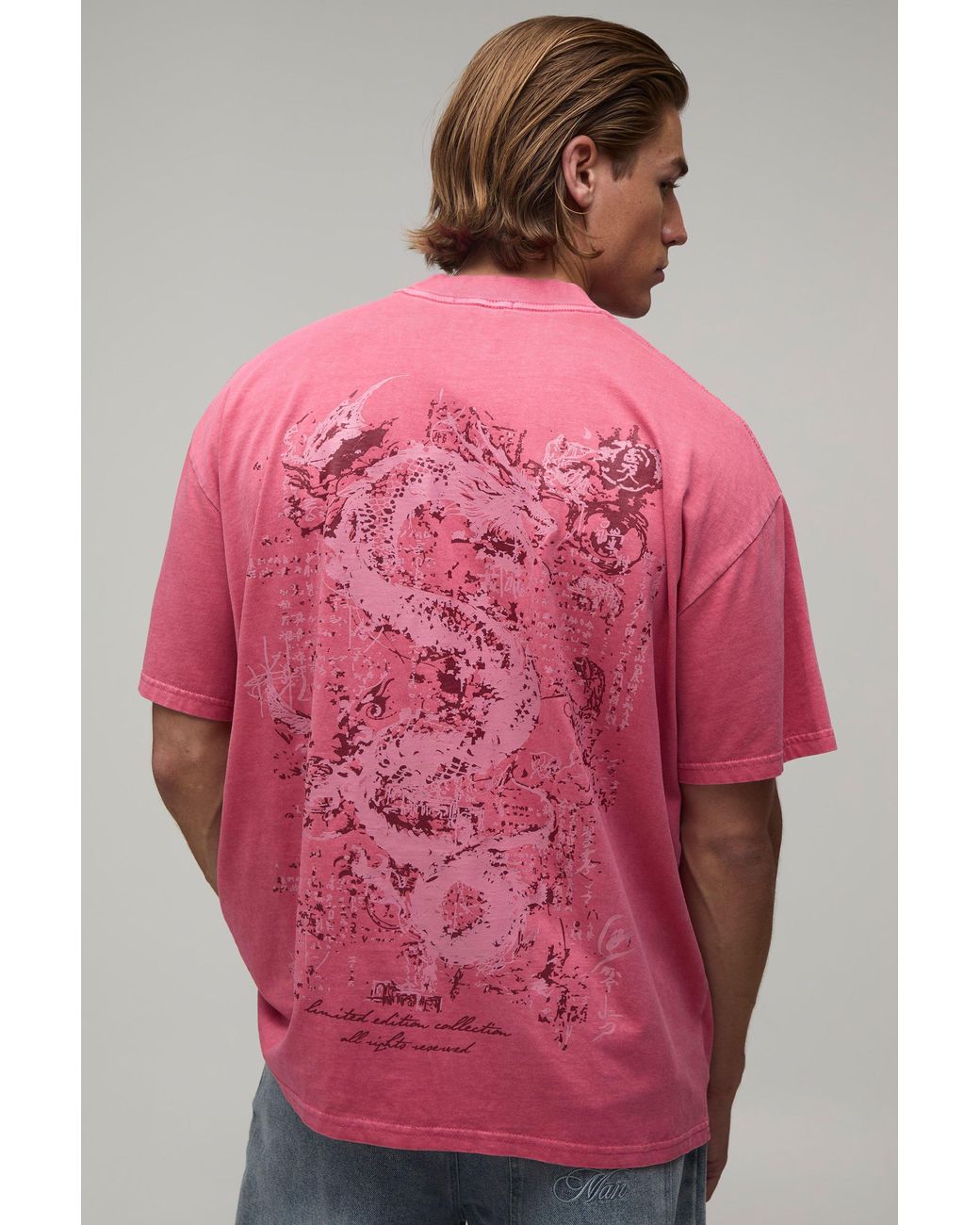 BoohooMAN Pink Oversized Boxy Dragon Print Washed T-Shirt for men
