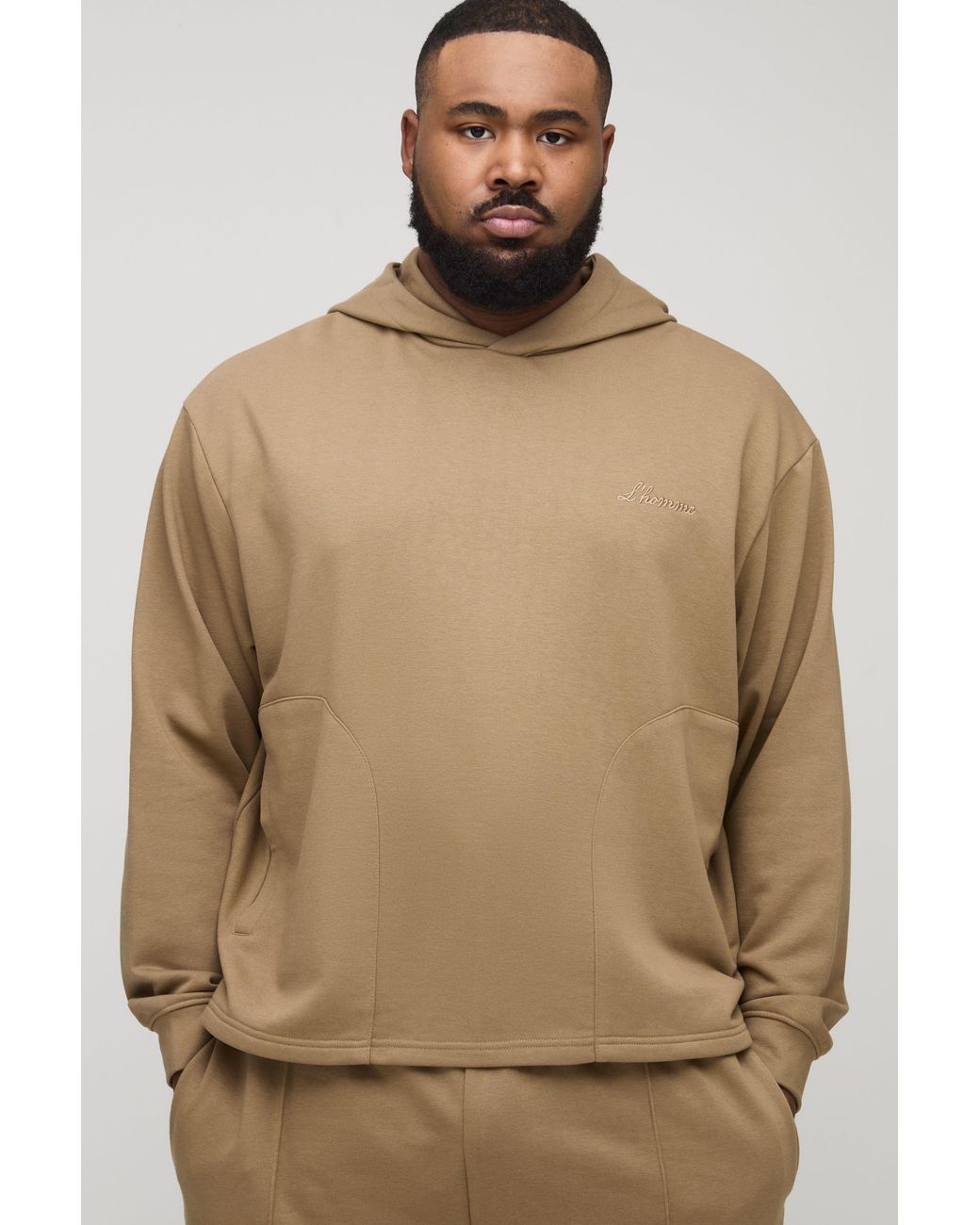 BoohooMAN Natural Plus Tonal Embroidered Welt Pocket Hoodie for men