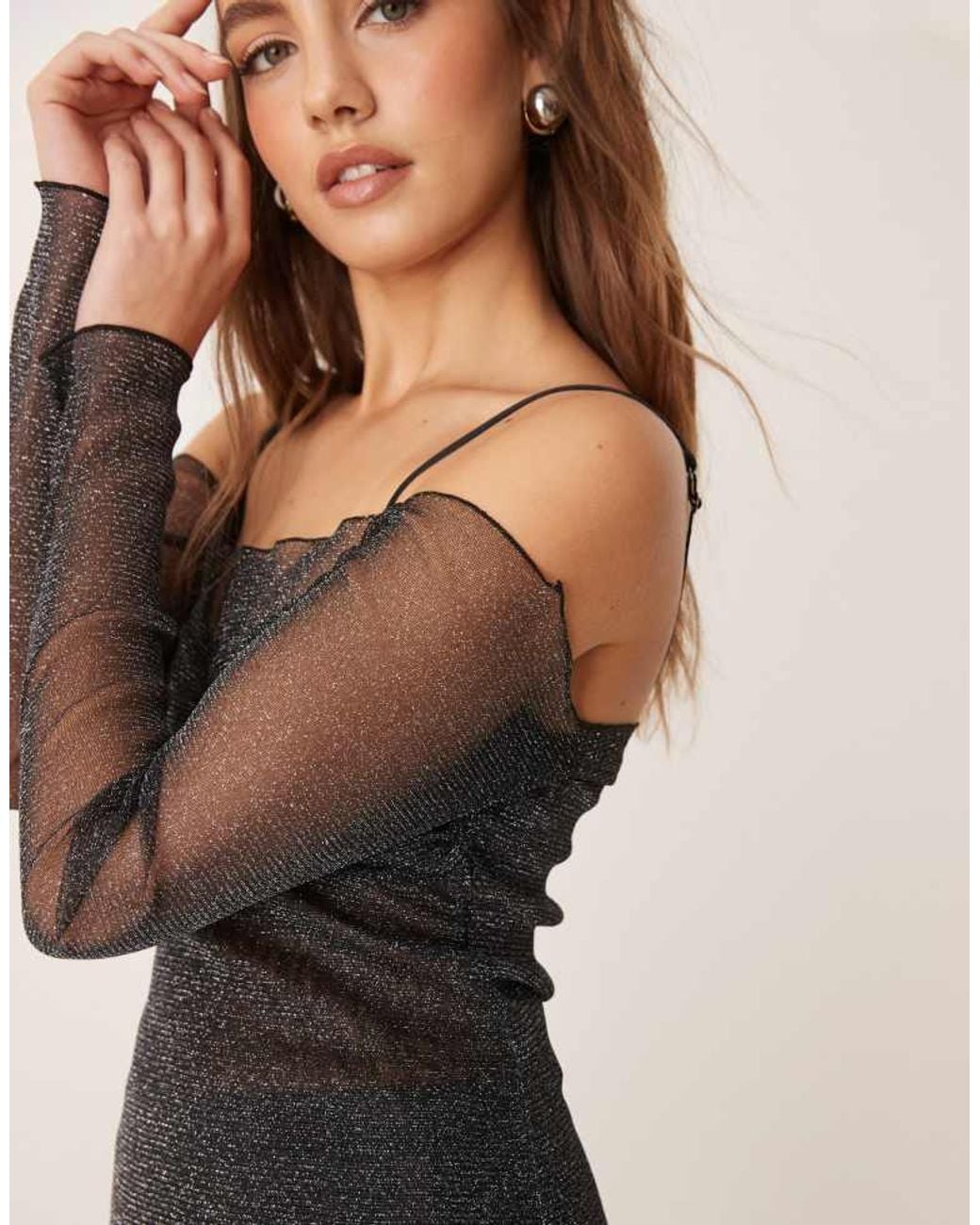 Gina Tricot Black Glitter Mesh Off Shoulder Top With Sheer Panel