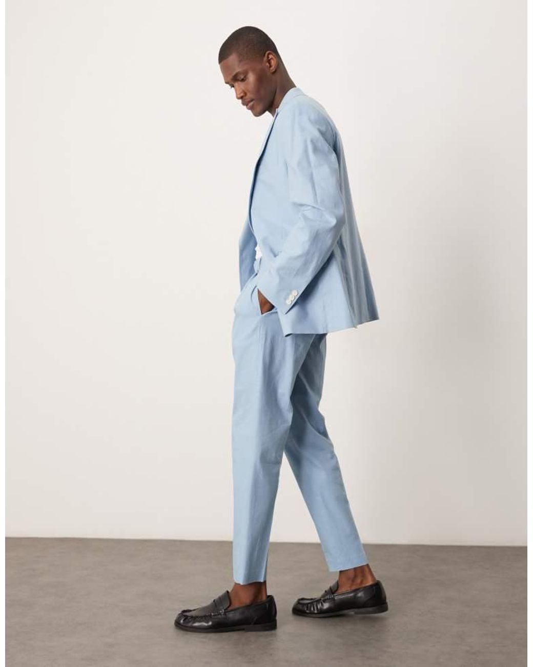 ASOS Blue Linen Blend Tapered Suit Chino Trousers for men