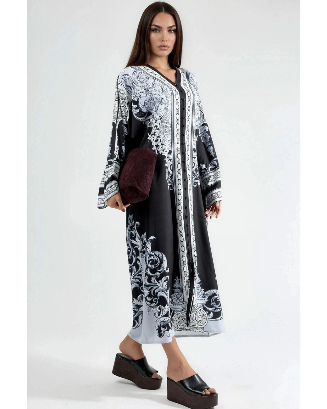 Msn-Collection Blue Printed Maxi Dress With V-Neck