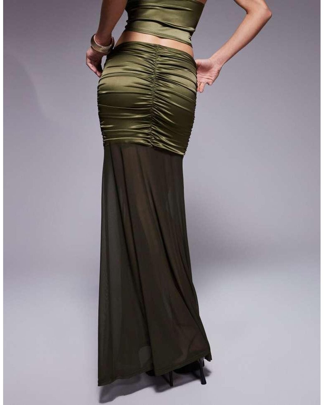 ASOS Brown Co-Ord Stretch Satin Ruched Maxi Skirt With Mesh Hem