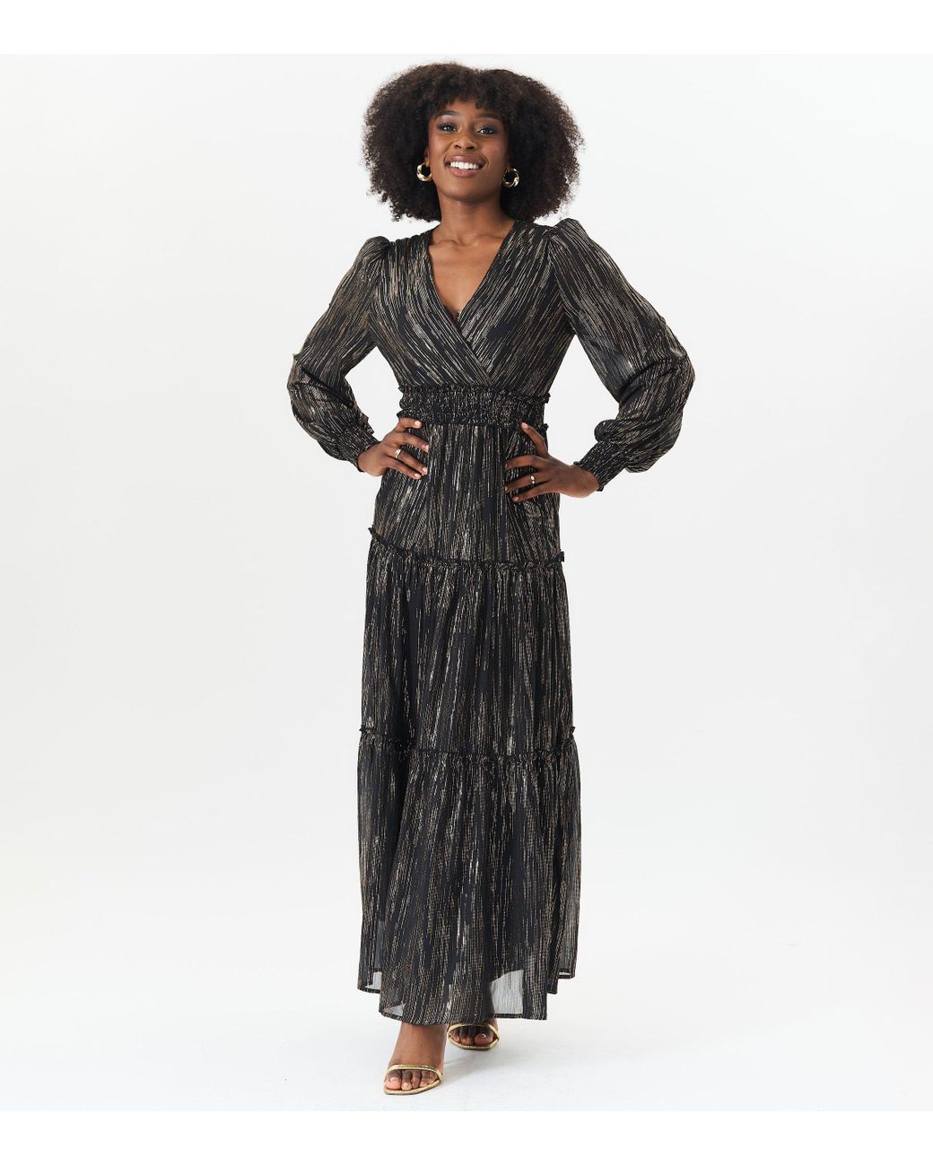 Gini London Black Lurex Chiffon Occassion Tiered Maxi Dres