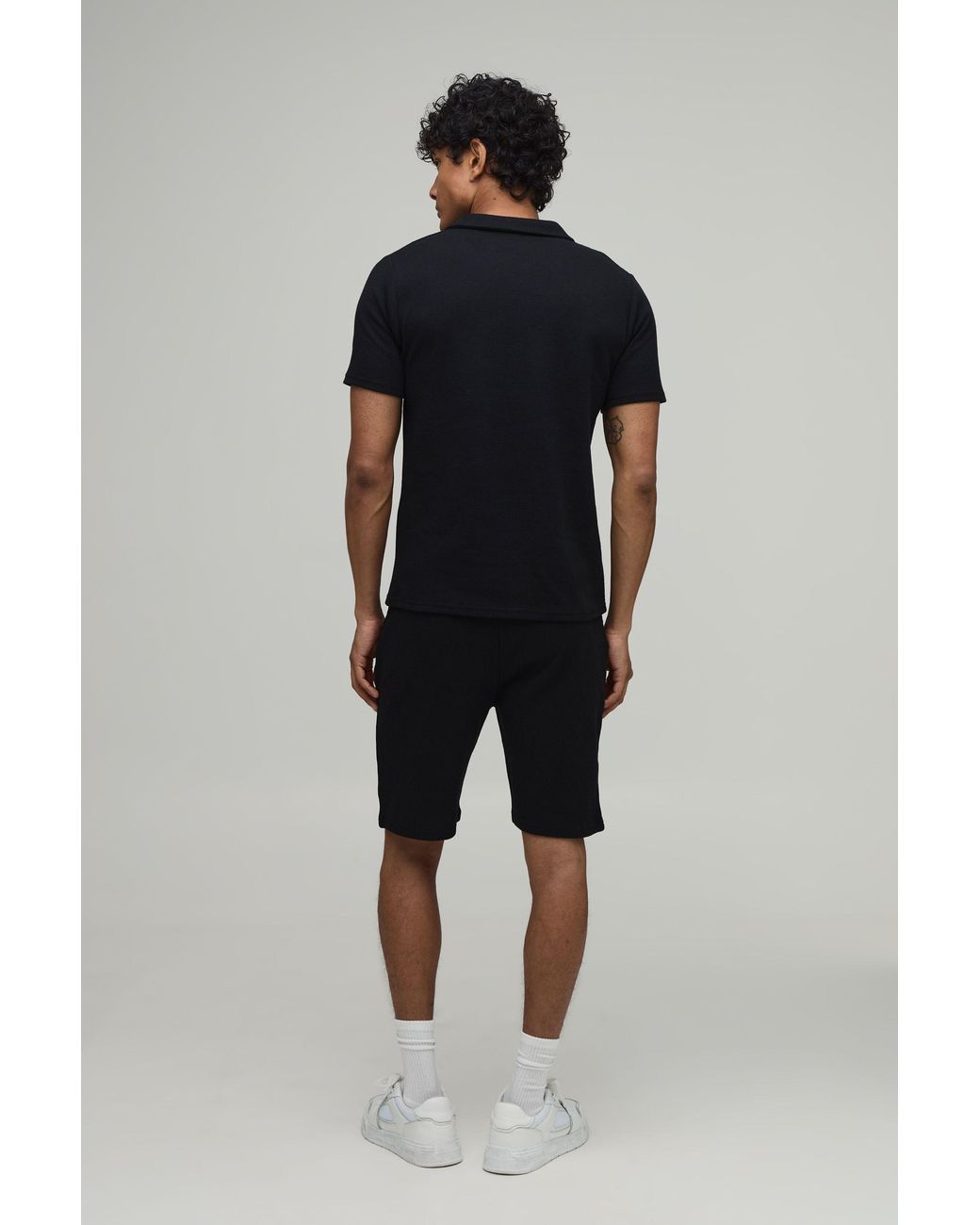 BoohooMAN Blue Slim Fit Waffle Revere Polo & Short Set for men