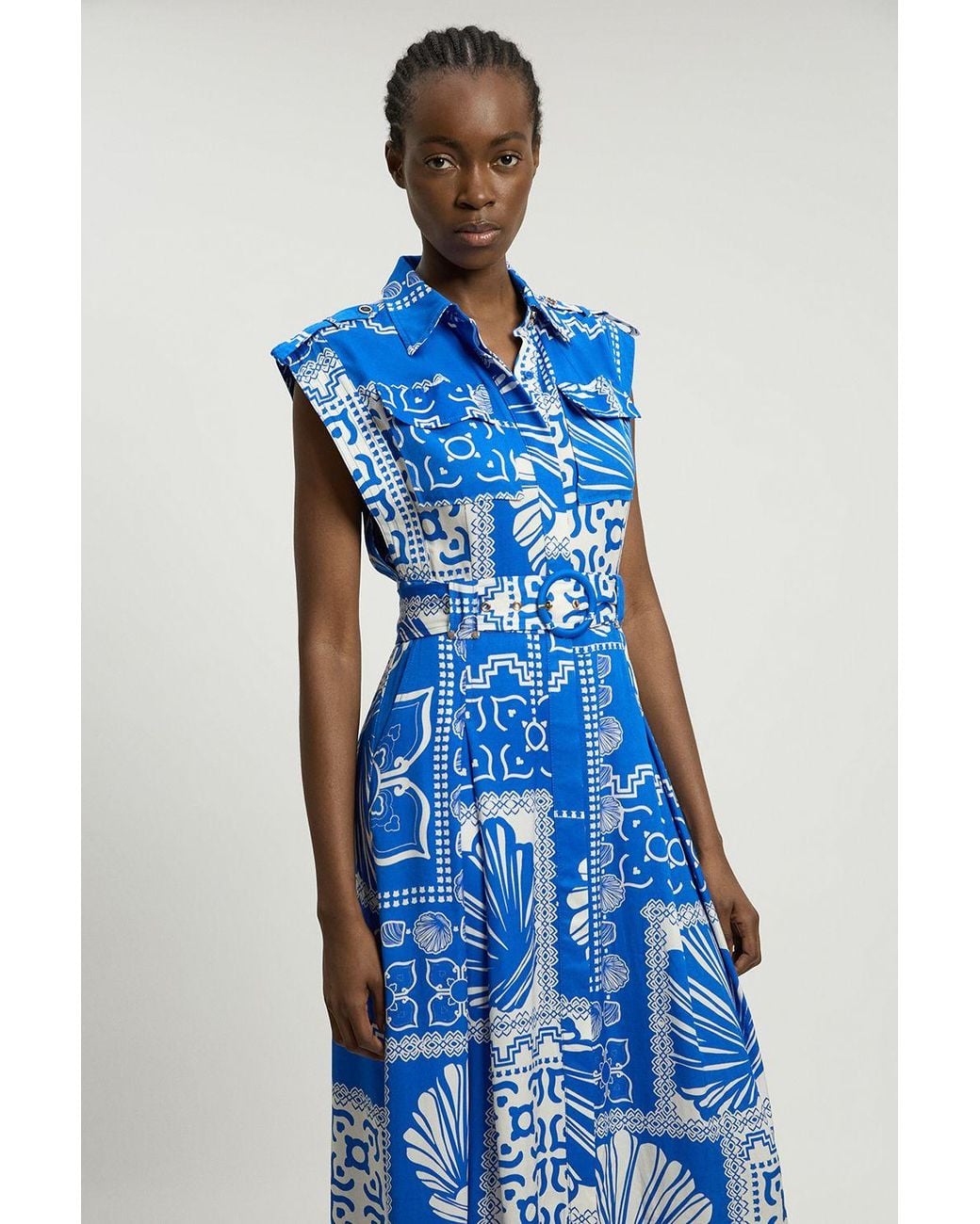 Karen Millen Blue Premium Viscose Linen Print Belted Woven Midi Dress