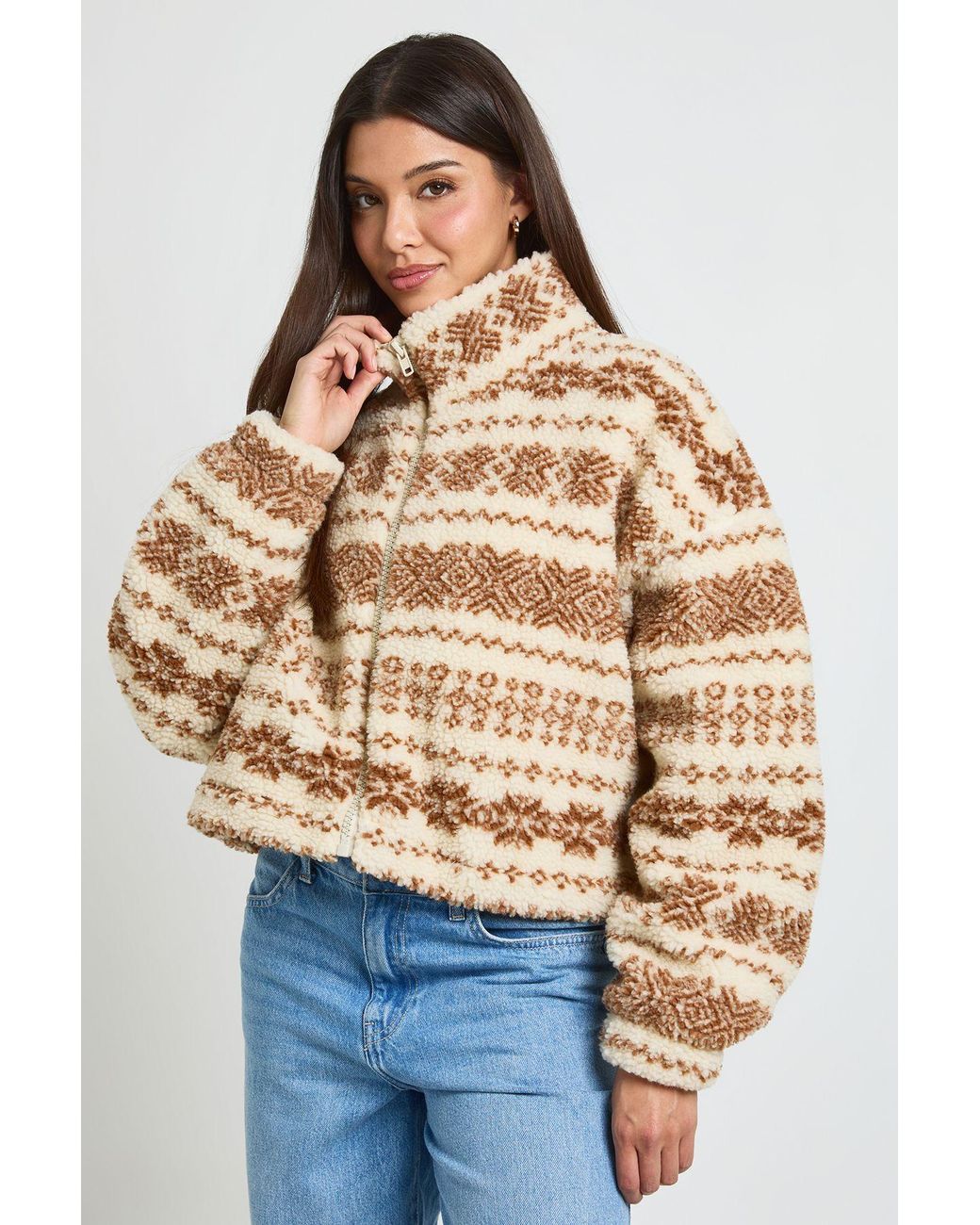 Boohoo Blue Aztec High Neck Teddy Jacket