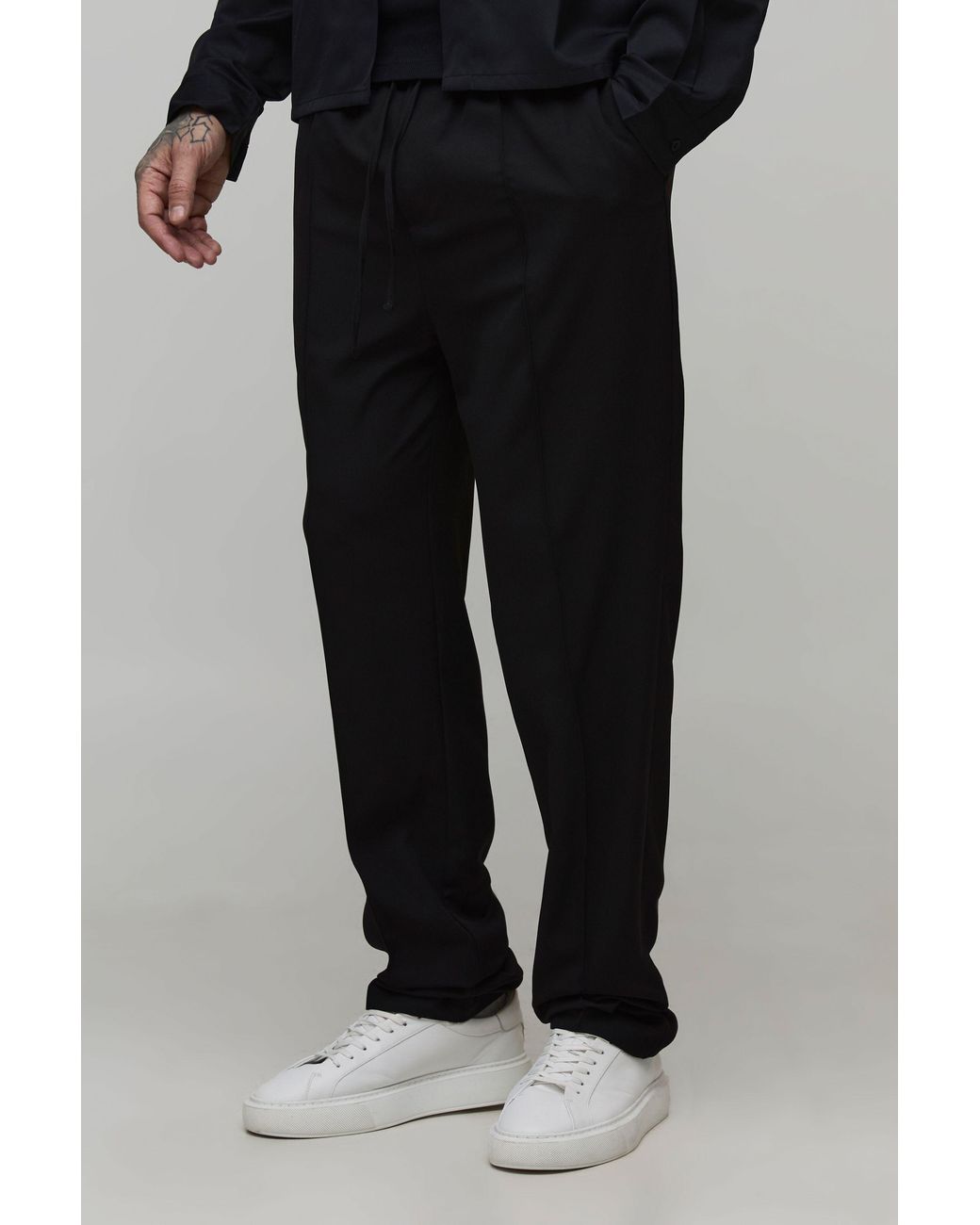 BoohooMAN Black Tall Straight Fit Smart Elasticated Pintuck Trousers for men