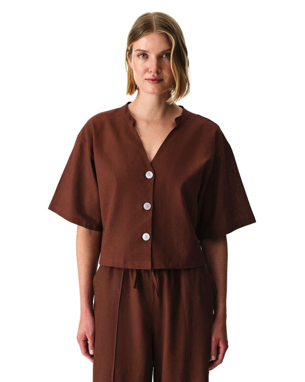 Penti Red Linen-Blend Mandarin Collar Shirt