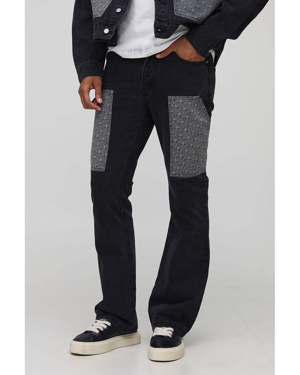 BoohooMAN Black Slim Flared Stacked Monogram Carpenter Jeans for men