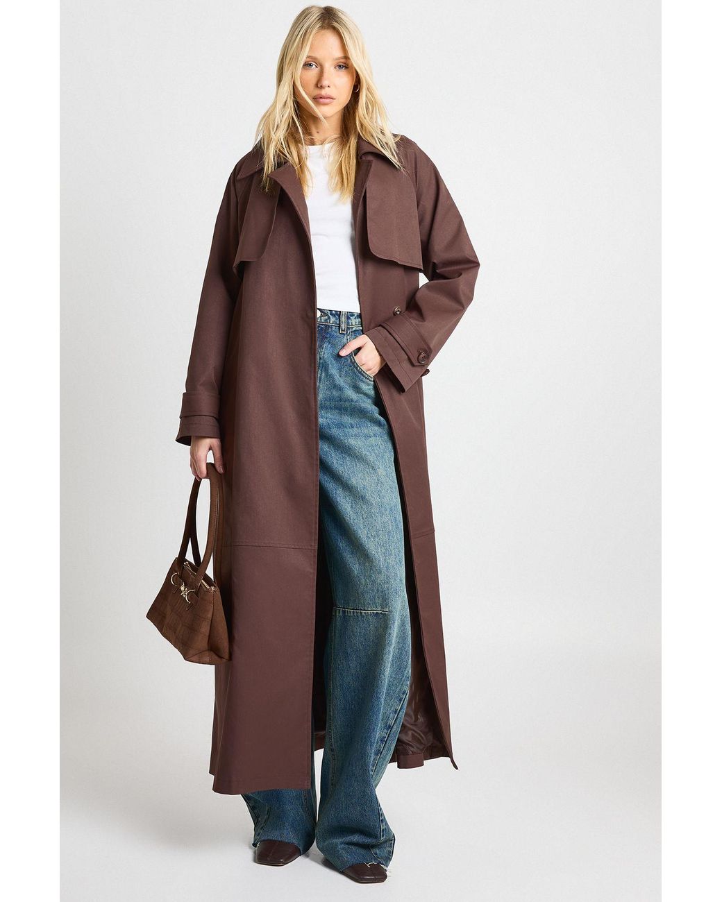 Boohoo Brown Maxi Belted Trench Coat