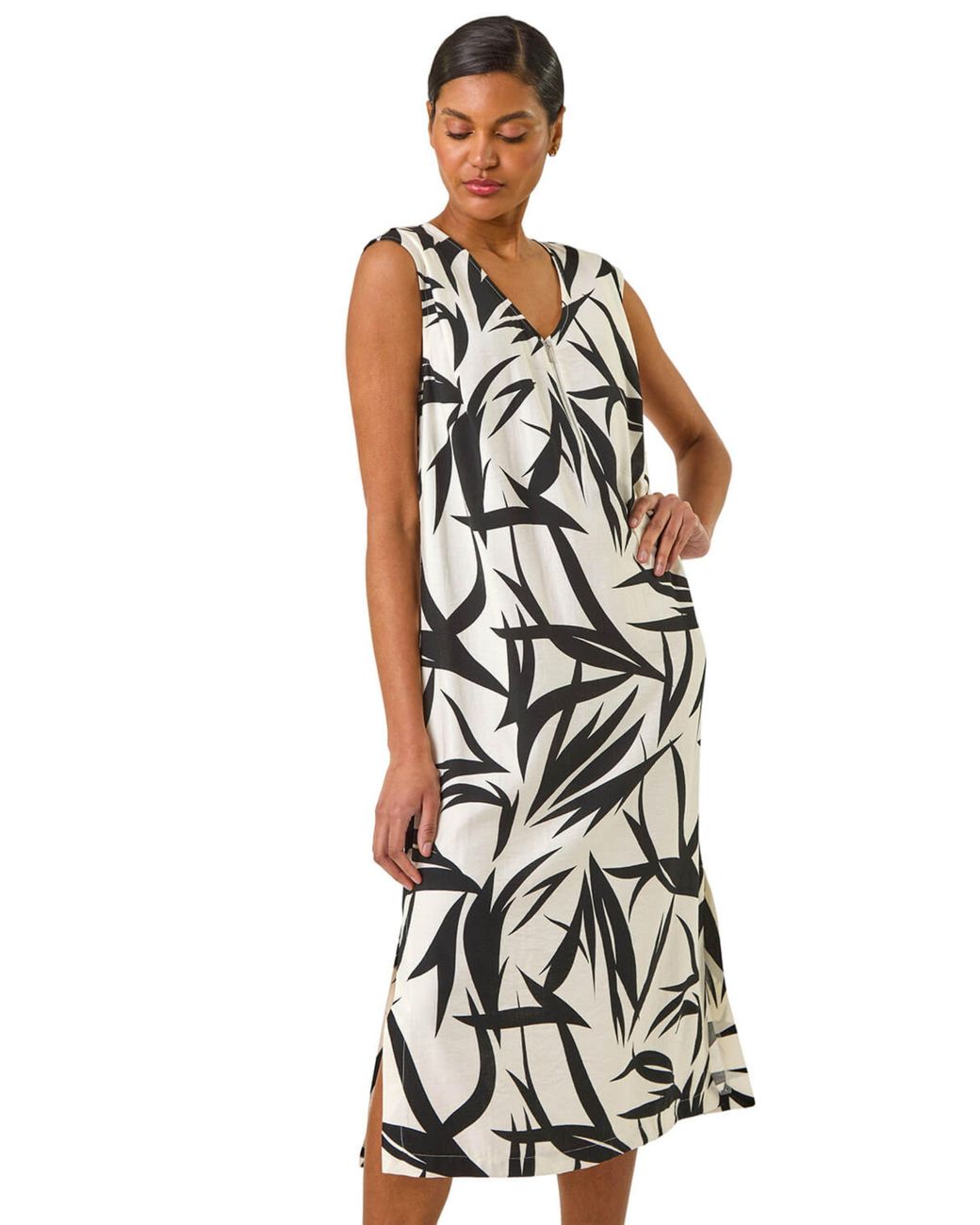 Roman White Leaf Print Zip Front Midi Dress