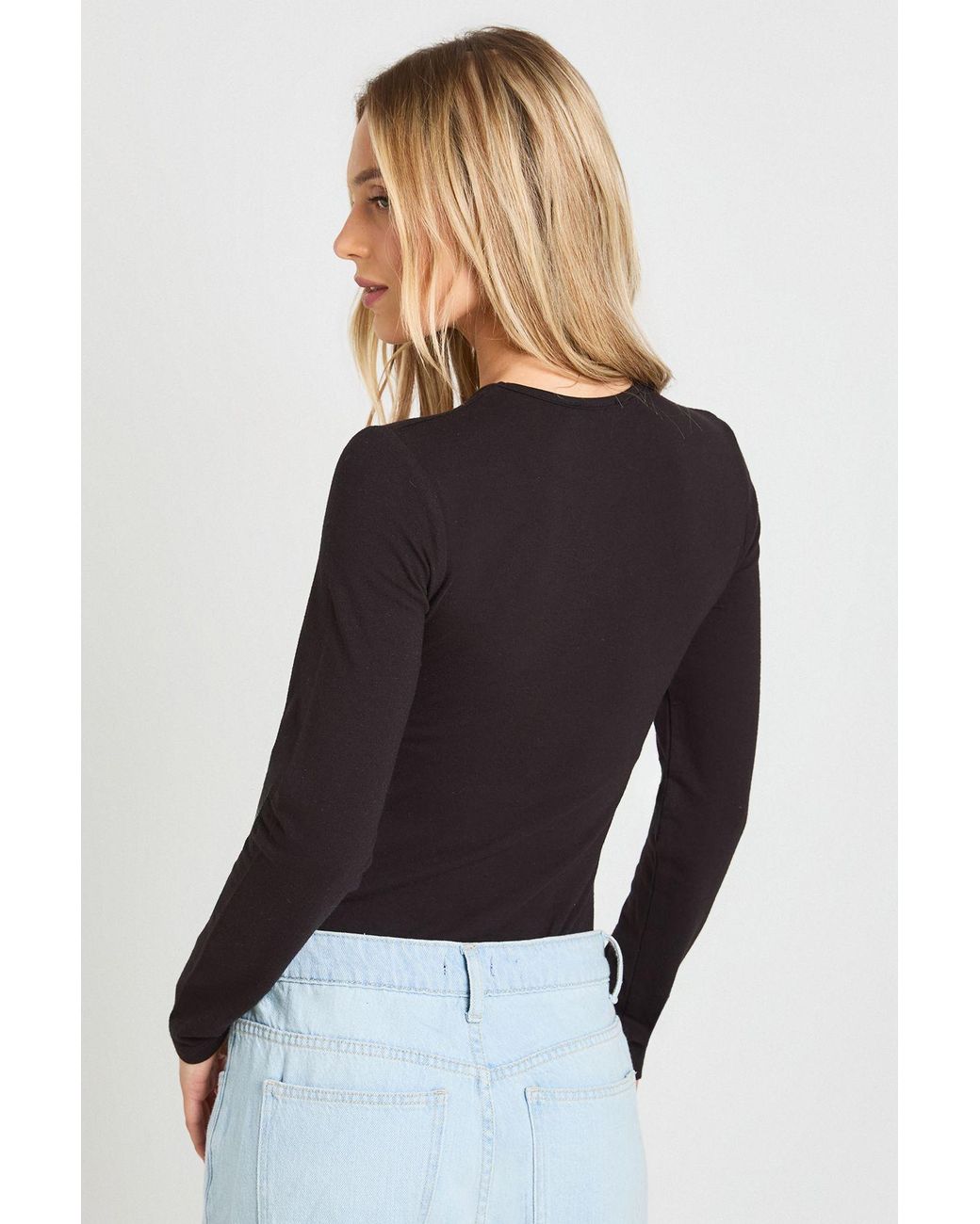 Boohoo Black Petite Basic Long Sleeve Crew Neck Bodysuit