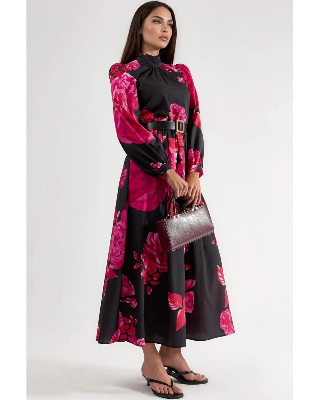 Msn-Collection Red Floral Belted Maxi Dress With Half Turtleneck