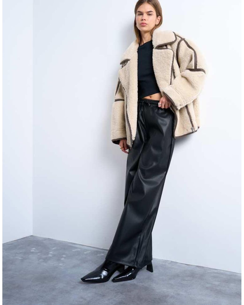 TOPSHOP White Drawstring Pull On Faux Leather Straight Leg Trouser