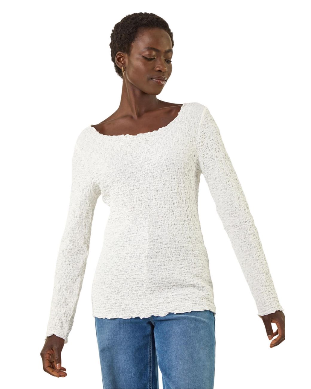 Roman White Textured Bubble Crepe Lettuce Edge Top