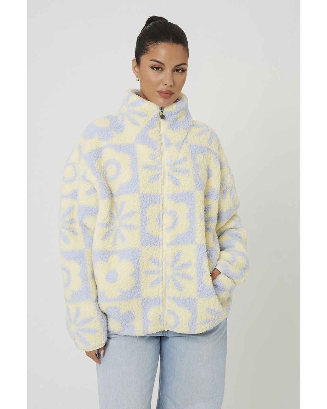 Brave Soul Natural Sherpa Fleece Floral Print Sweatshirt