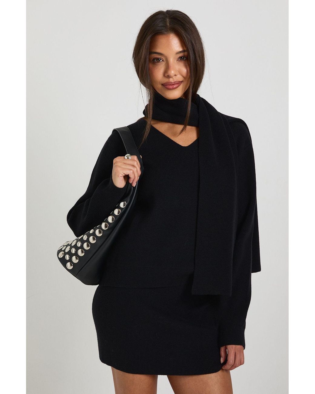 Boohoo Black Chunky Rib Boxy Fit Jumper And Scarf 2 Piece