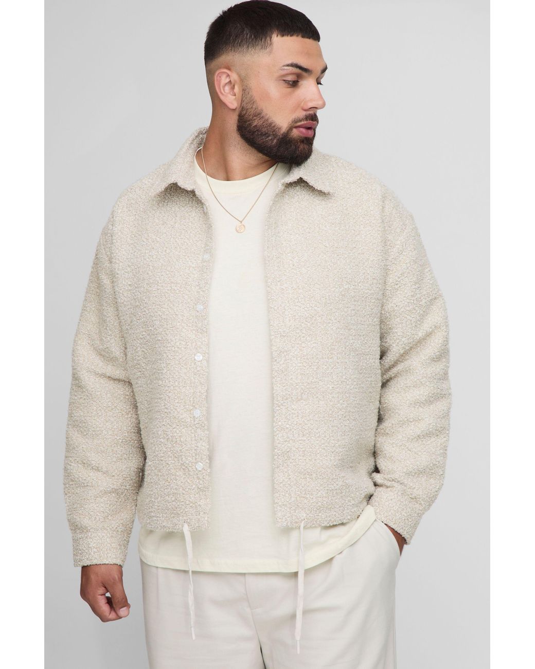 BoohooMAN Natural Plus Oversized Boxy Bungee Hem Boucle Overshirt for men