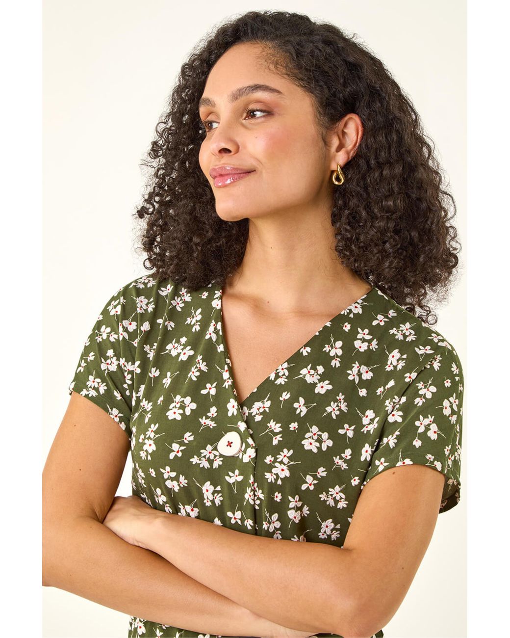 Roman Black Floral Puff Print V-Neck Top