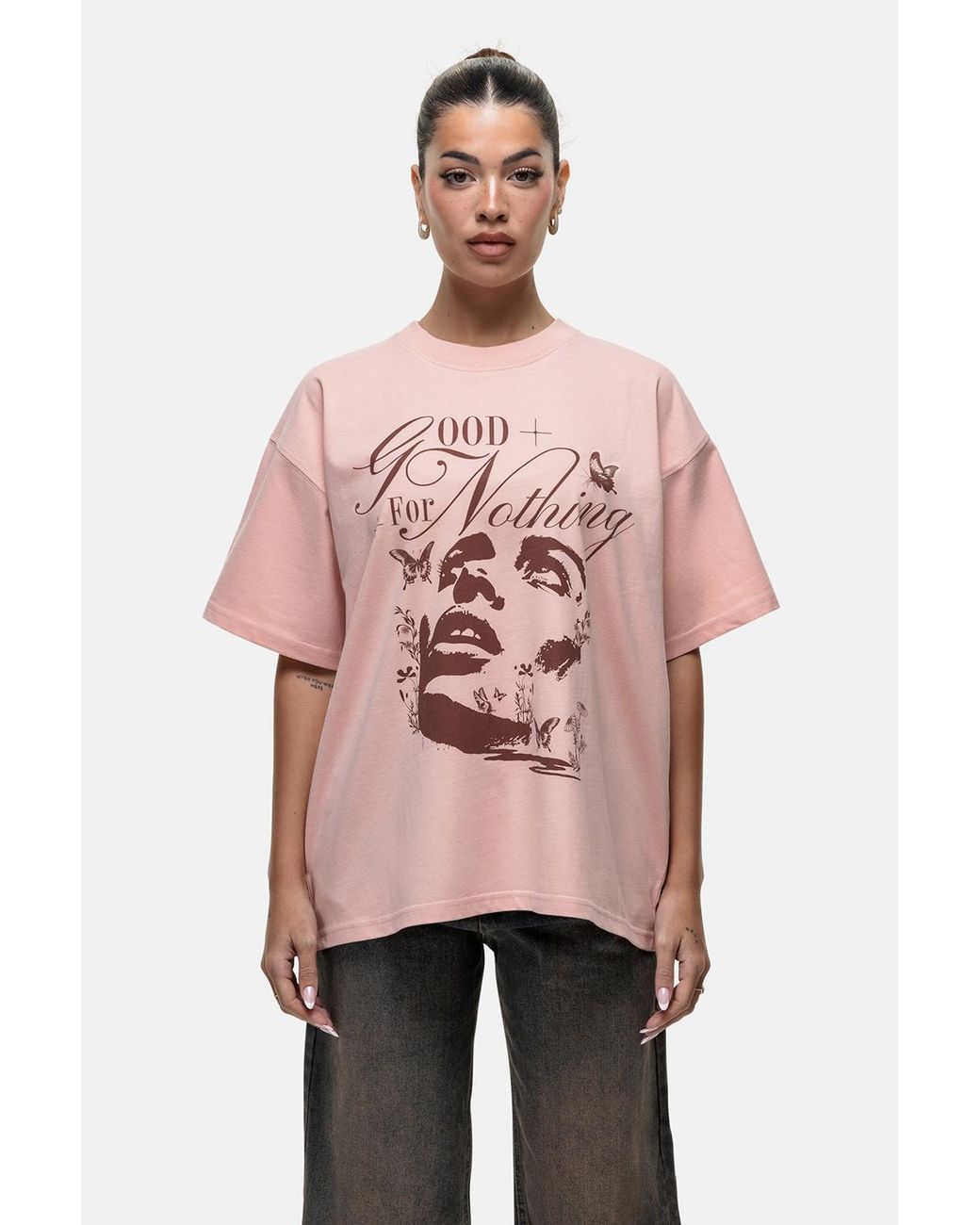 Good For Nothing Pink Graphic Print Oversized T-Shirt
