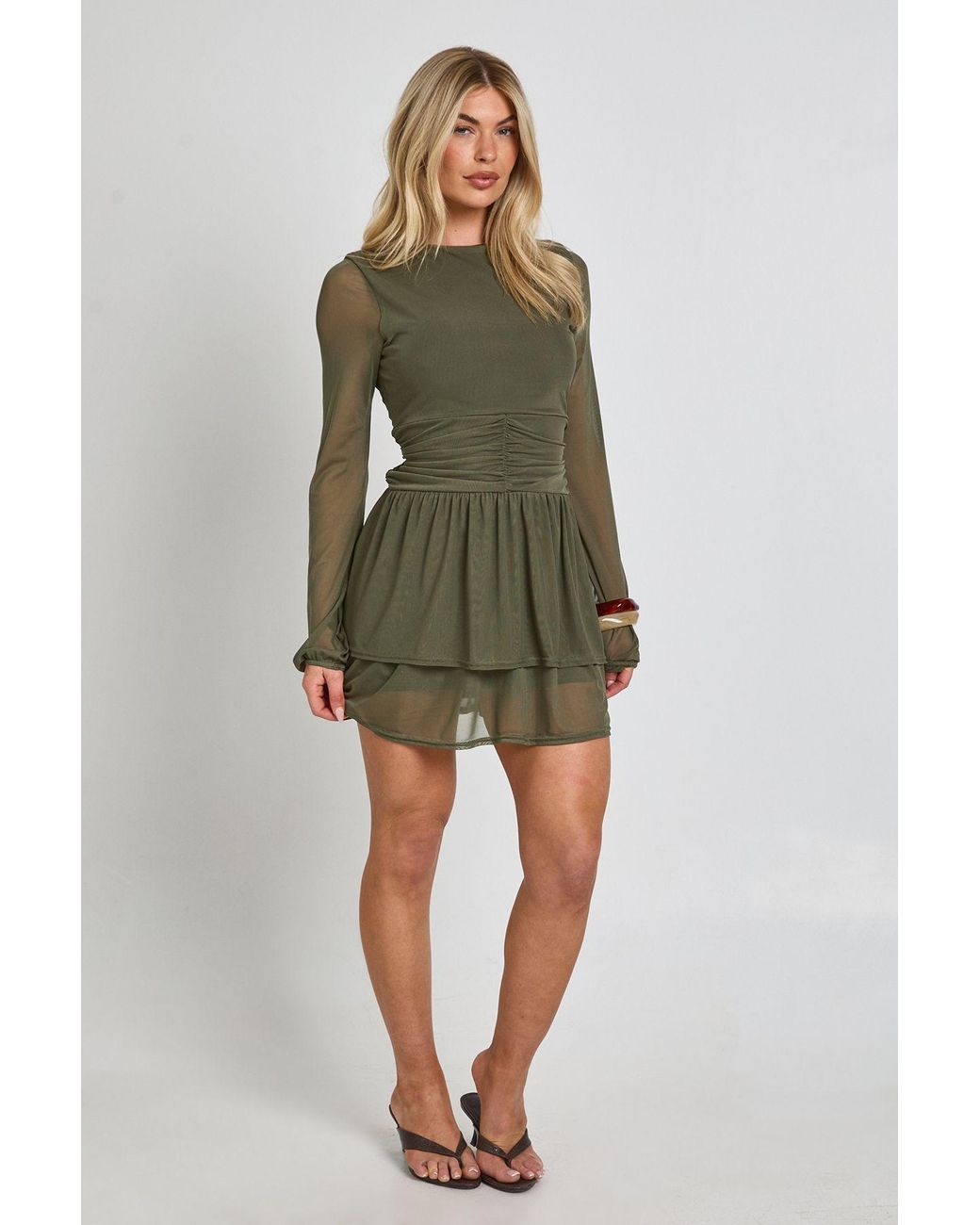 Boohoo Green Mesh Long Sleeve Ruched Waist Skater Dress