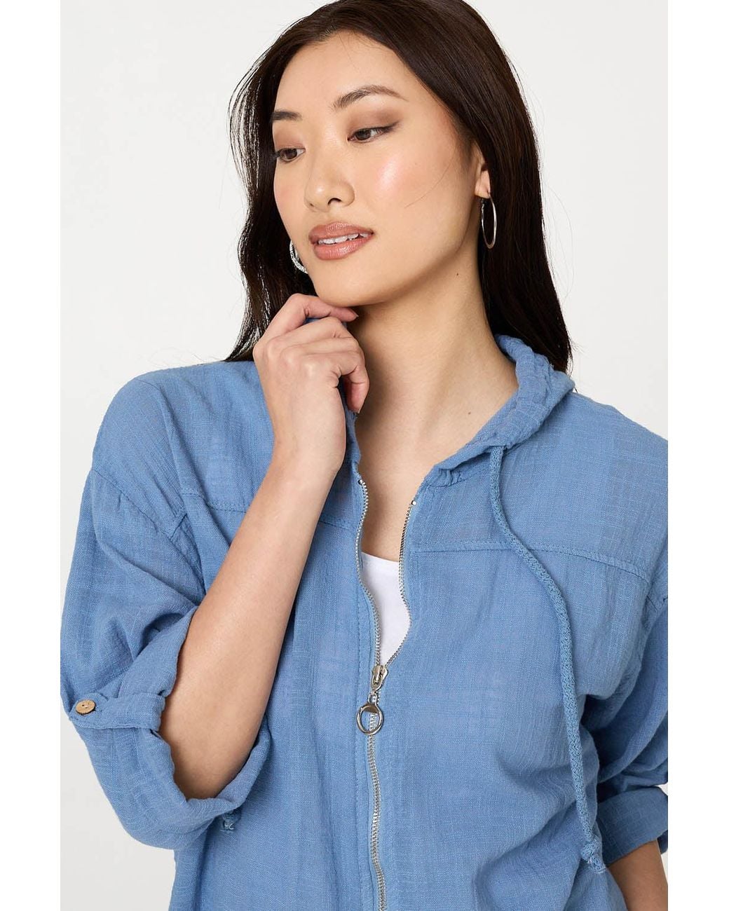 Izabel London Blue 3/4 Sleeve Hooded Zip Front Jacket