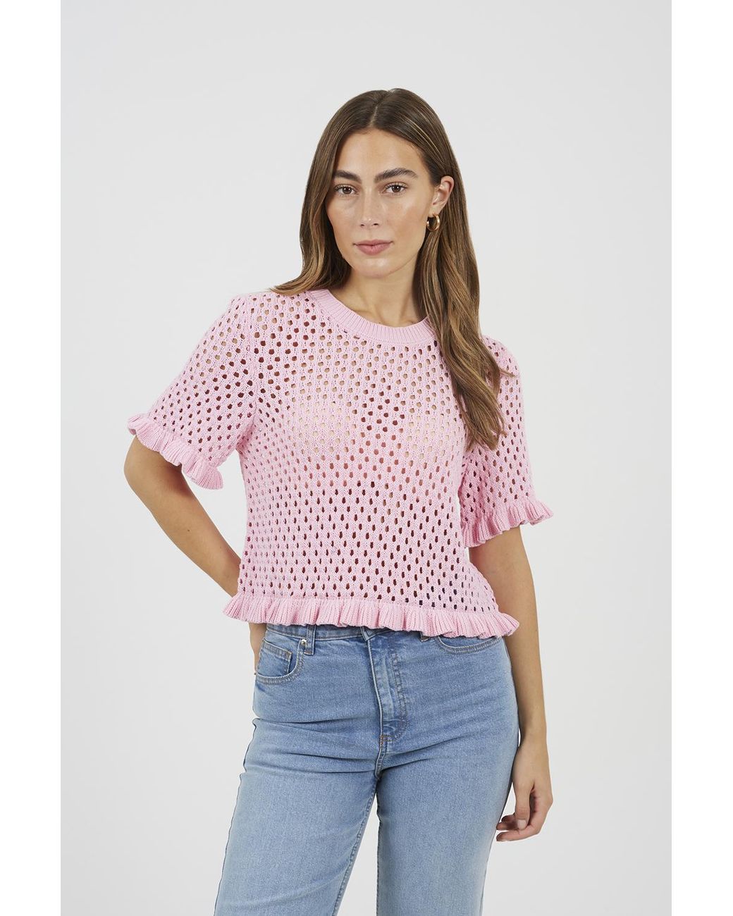 Brave Soul Pink Open Knit T Shirt With Frill Hem