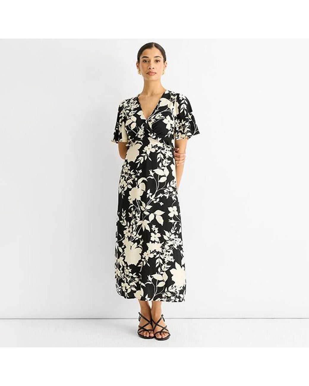 Gini London Multicolor Mono Ruffle V Neck Viscose Midi Dress